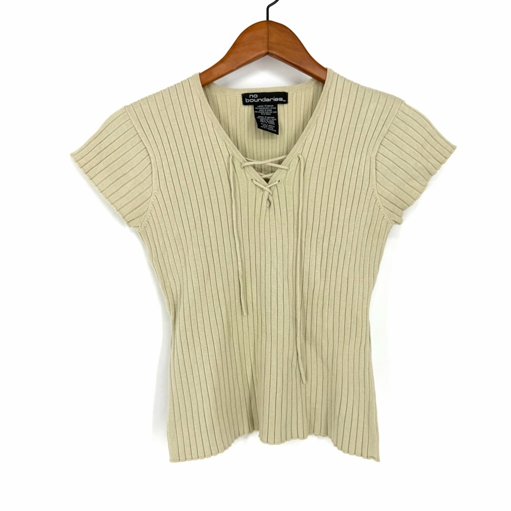 🔥Y2K No Boundaries Cream Tan Ribbed Tie V Neck SS Ribbed Baby Tee Top M Stretch